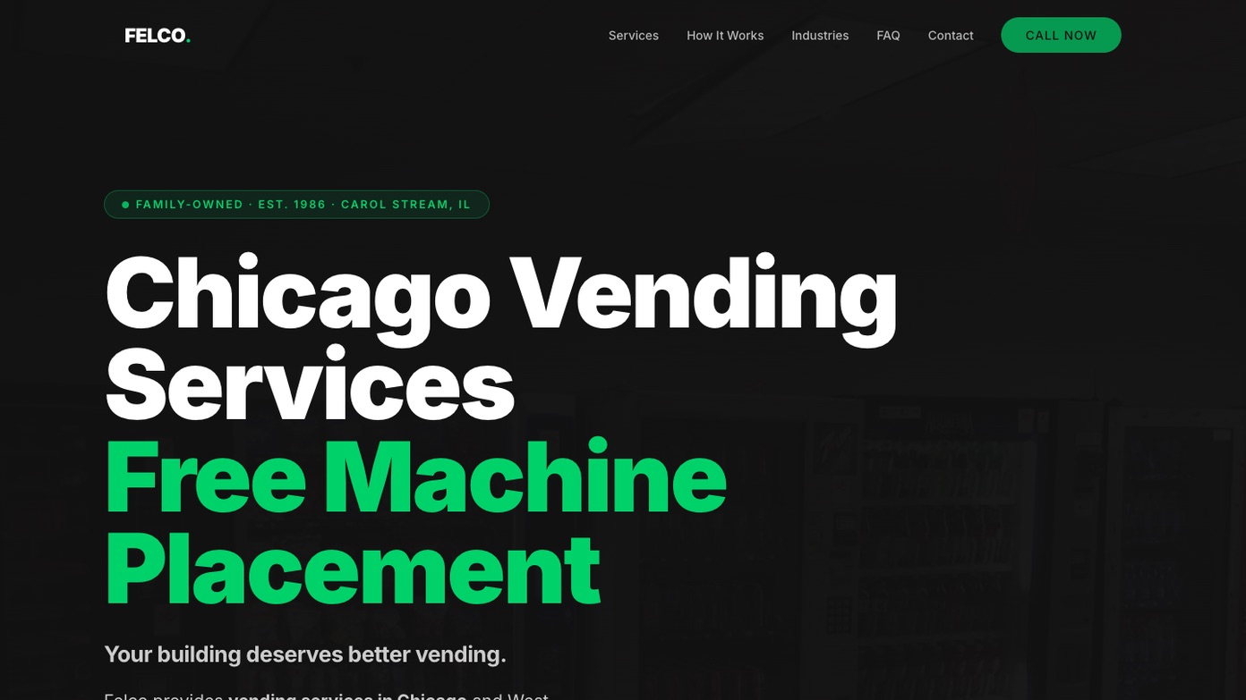 Felco Vending live site, top of the desktop home page